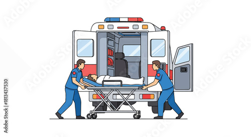 Paramedic Team Transporting Patient on Stretcher into Ambulance with Open Rear Doors