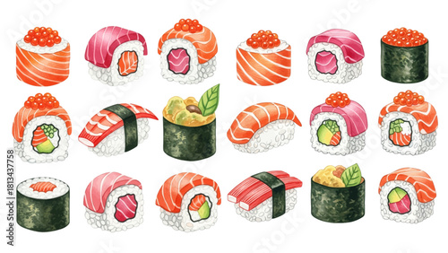 An assortment of sushi rolls with salmon, tuna, and roe toppings, showcasing different fillings and presentations.