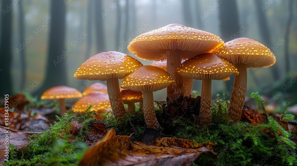 Fototapeta premium Mushrooms with speckled caps grow amidst moss and leaves in a foggy forest scene
