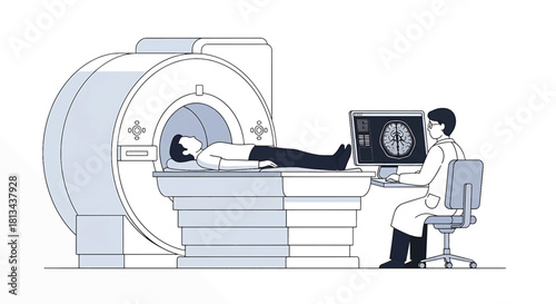 Medical diagnostic procedure involving magnetic resonance imaging of a patient undergoing a brain scan by a radiologist