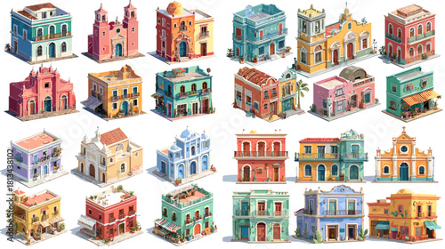 Vibrant colonial style building illustrations featuring colorful facades, balconies, arches, and lively street architecture inspired by Latin American heritage.