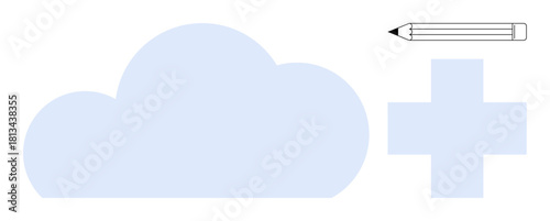 Cloud with a pencil and plus sign representing creativity, collaboration, teamwork, online storage, innovation, data sharing, and content creation. Ideal for modern connectivity metaphor and simple
