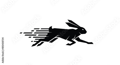 A black silhouette of a running rabbit with speed lines trailing behind it, symbolizing fast movement and agility.