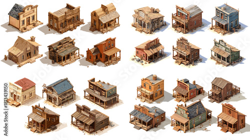 Detailed Wild West town illustrations featuring rustic saloons, wooden stores, frontier houses, and old western architecture with dusty desert atmosphere.