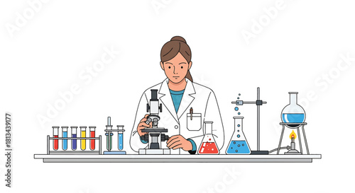 Scientist working in a laboratory with microscope and various scientific equipment, illustration