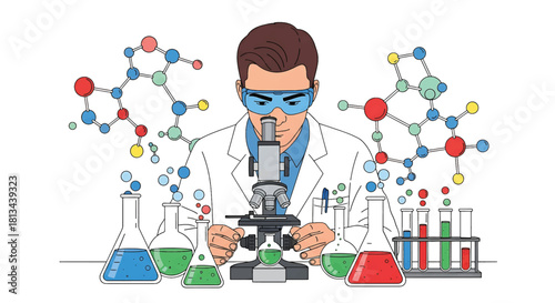 Scientist working in a laboratory surrounded by molecular structures and scientific equipment