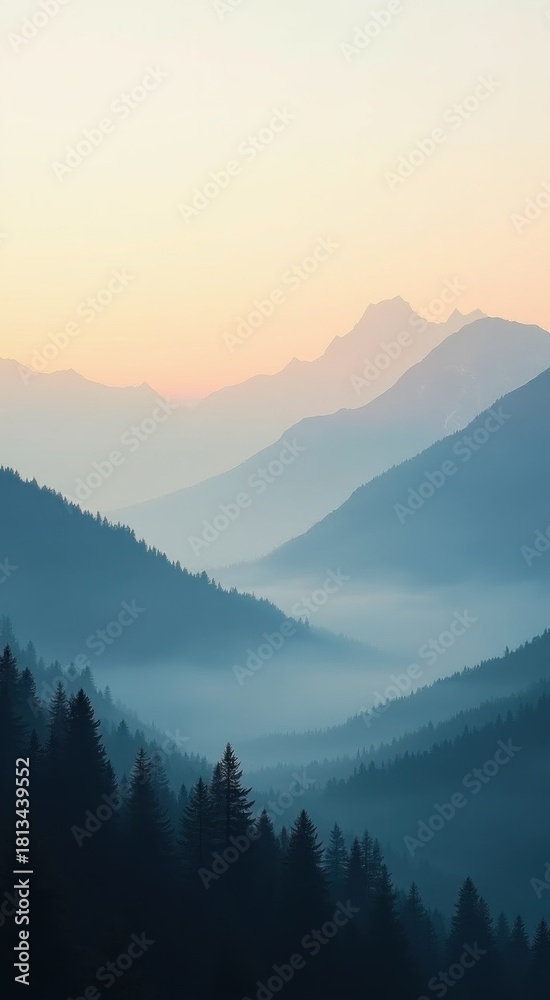 Obraz premium Mountains are in the distance with a hazy sky and a few trees