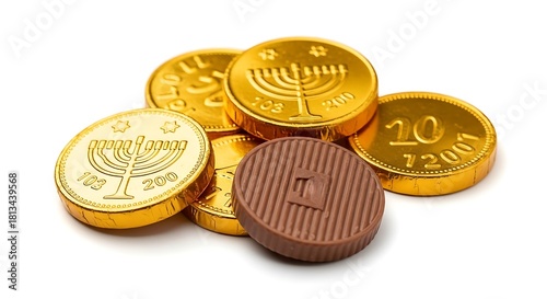 Hanukkah chocolate gelt coins stacked on white background for jewish holiday