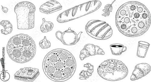 Black and white hand drawn bakery food illustration set featuring bread, pizza, croissants, coffee, garlic, and baking utensils