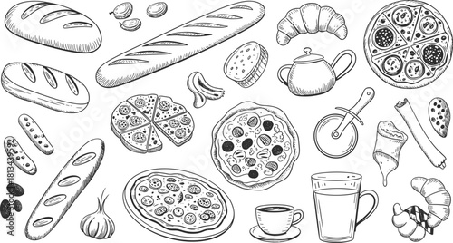 Black and white hand drawn bakery food illustration set featuring bread, pizza, croissants, coffee, garlic, and baking utensils
