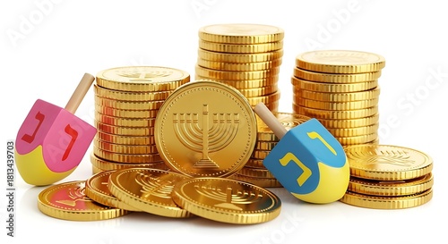 Hanukkah celebration with dreidels and chocolate coins on a white background