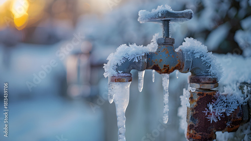 Frozen water pipes and ice-covered faucets, frozen outdoor water faucet covered in snow and icicles,  a frozen outdoor water faucet in winter