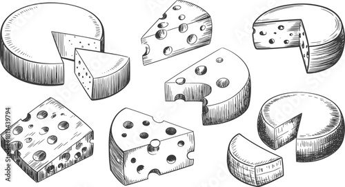 Black and white hand drawn cheese illustration set showing various sliced and whole cheese blocks in vintage engraving style design