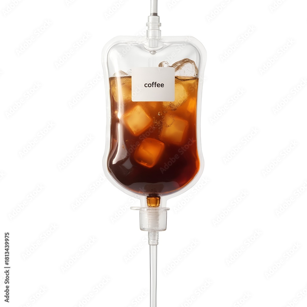 custom made wallpaper toronto digitalConceptual image of an IV drip bag filled with iced coffee and ice cubes, on a white background.