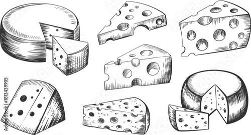 Black and white hand drawn cheese illustration set showing various sliced and whole cheese blocks in vintage engraving style design
