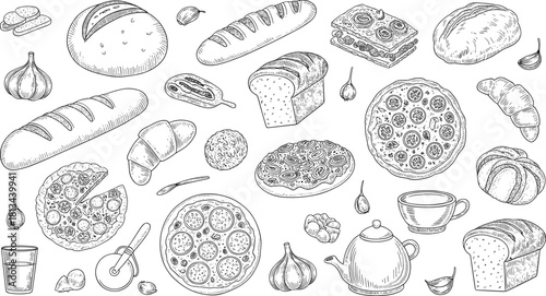 Black and white hand drawn bakery food illustration set featuring bread, pizza, croissants, coffee, garlic, and baking utensils