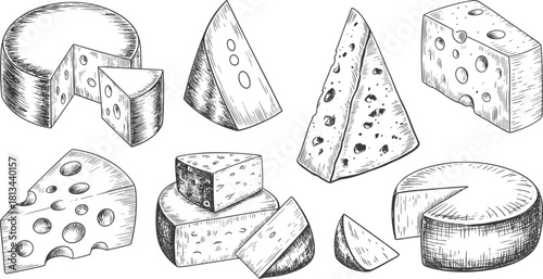 Black and white hand drawn cheese illustration set showing various sliced and whole cheese blocks in vintage engraving style design