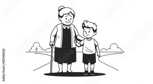 Elderly Woman Helping Little Boy by Holding Hand Outline Drawing