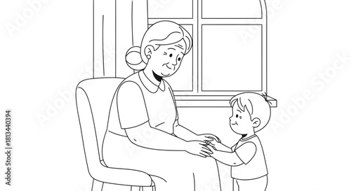 Grandmother Helping Child in Daily Activity Line Art Illustration