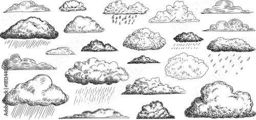 Black and white hand drawn cloud illustration set with vintage sky weather collection fluffy rain storm atmospheric doodle sketch design