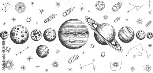Black and white hand drawn solar system illustration with planets stars comets constellations cosmic space astronomy vintage science drawing