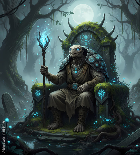 Ancient Turtle King on Throne in Foggy Forest
​Swamp Druid Tortoise Elder with Magic Staff