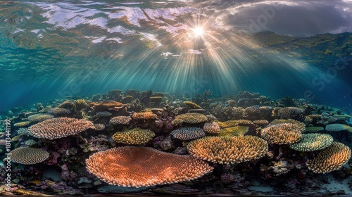 Fototapeta Naklejka Na Ścianę i Meble -  Sunlit coral reef panorama, shallow water. Marine life. Underwater scene with rays