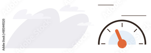 Speedometer needle pointing towards higher speed next to abstract cloud shapes. Ideal for progress, speed, performance, success, growth, motion, minimal flat metaphor