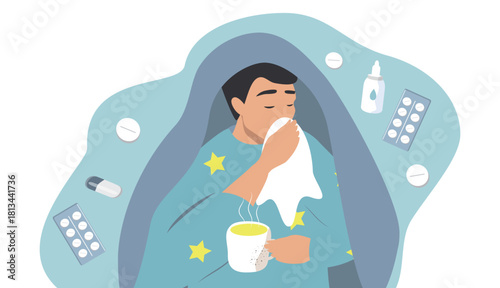 Vector illustration in a flat style. A man with a cold and a runny nose drinks tea under a blanket.