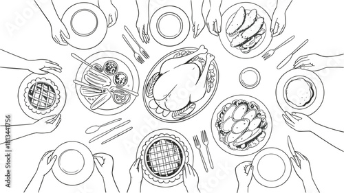 Black and white illustration of family dinner table with roasted turkey, pies, and dishes, hand drawn festive meal sketch design