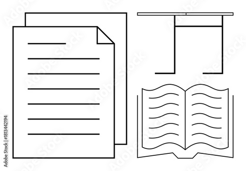Paper sheets, open book, and graduation cap symbols representing reading, learning, and education. Ideal for studies, knowledge, school academic success exams research and higher learning. Simple