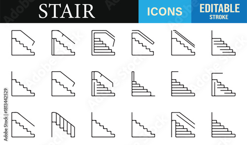 Editable stroke stair illustrations ideal for interior, exterior, and technical diagrams
