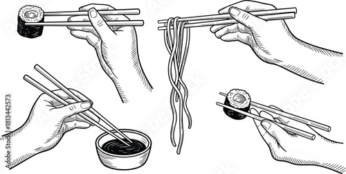 Black and white illustration of hands using chopsticks with sushi, noodles, and soy sauce, detailed sketch for Asian food design