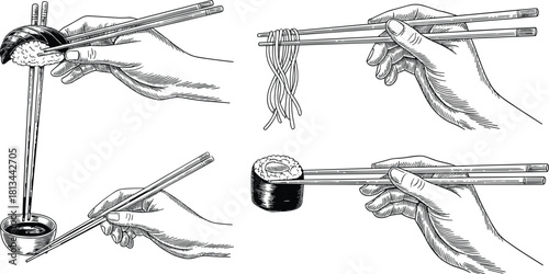 Black and white illustration of hands using chopsticks with sushi, noodles, and soy sauce, detailed sketch for Asian food design