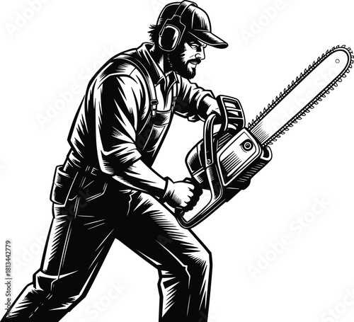 Black and white illustration of lumberjack with chainsaw, vintage woodcut style, concept of forestry work, strength, and craftsmanship
