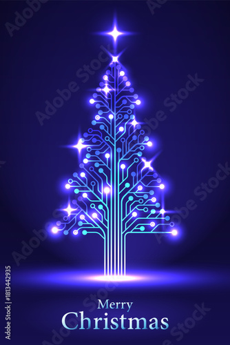 Modern vertical design featuring a glowing abstract Christmas tree made of electronic circuit board traces and nodes, illuminated by vibrant blue and purple neon light on a dark blue background.