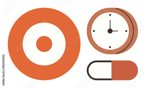 Red and orange target, clock, and capsule emphasizing precision, punctuality, wellness. Ideal for health management, time planning, objectives, medical focus productivity balance simple flat