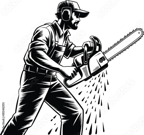 Black and white illustration of lumberjack with chainsaw, vintage woodcut style, concept of forestry work, strength, and craftsmanship