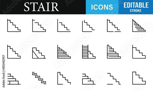 Vector staircase icon collection in editable stroke style for construction and design use