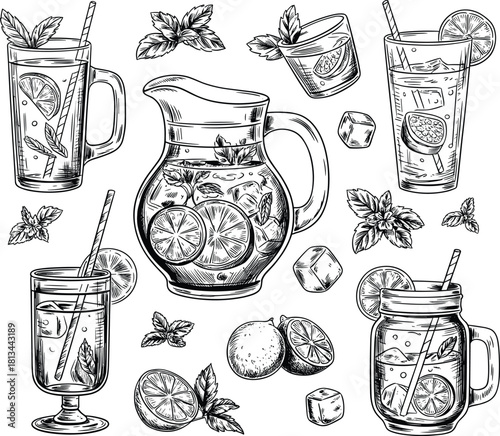 Black and white lemonade drink illustration set with glass pitcher mint leaves ice cubes citrus slice summer beverage drawing collection