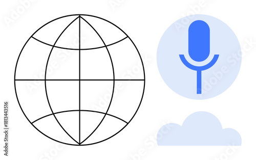 Globe with latitude and longitude lines, blue microphone in speech bubble, and cloud shape. Ideal for connectivity, innovation, voice recognition, globalization, cloud services, AI modern