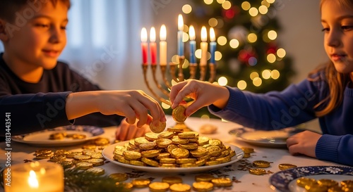 Children playing dreidel game during hanukkah celebration with christmas tree