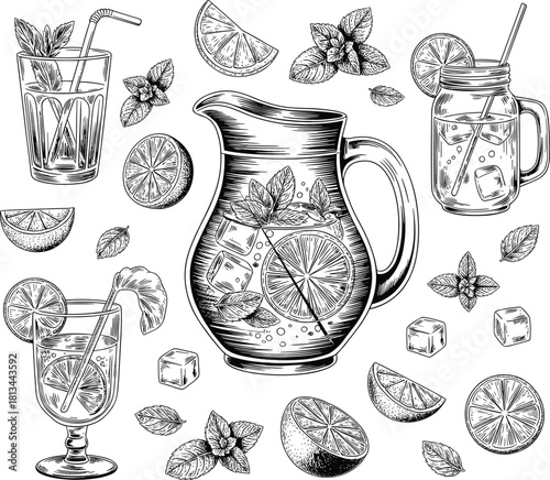 Black and white lemonade drink illustration set with glass pitcher mint leaves ice cubes citrus slice summer beverage drawing collection