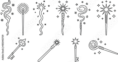 Black and white magical wand illustration set with stars, sparkles, and fantasy keys drawn in minimalist mystical line art