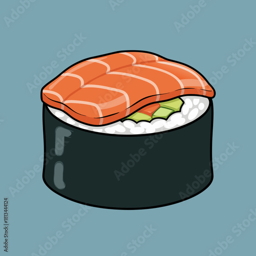 A cartoon illustration of a single salmon sushi roll with rice, nori, and avocado on a blue background.