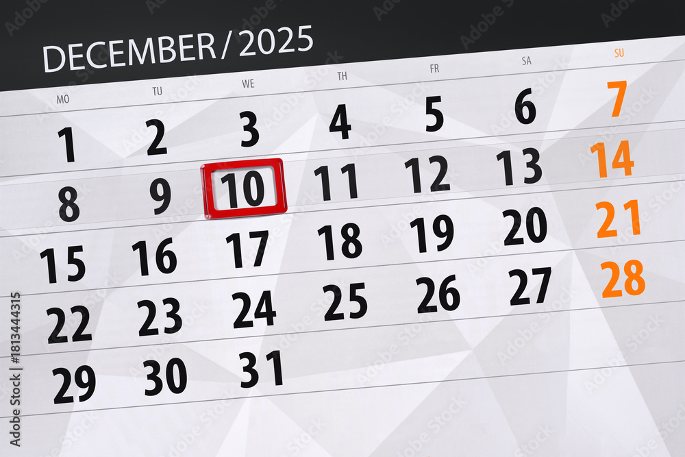 Obraz premium Calendar 2025, deadline, day, month, page, organizer, date, December, wednesday, number 10