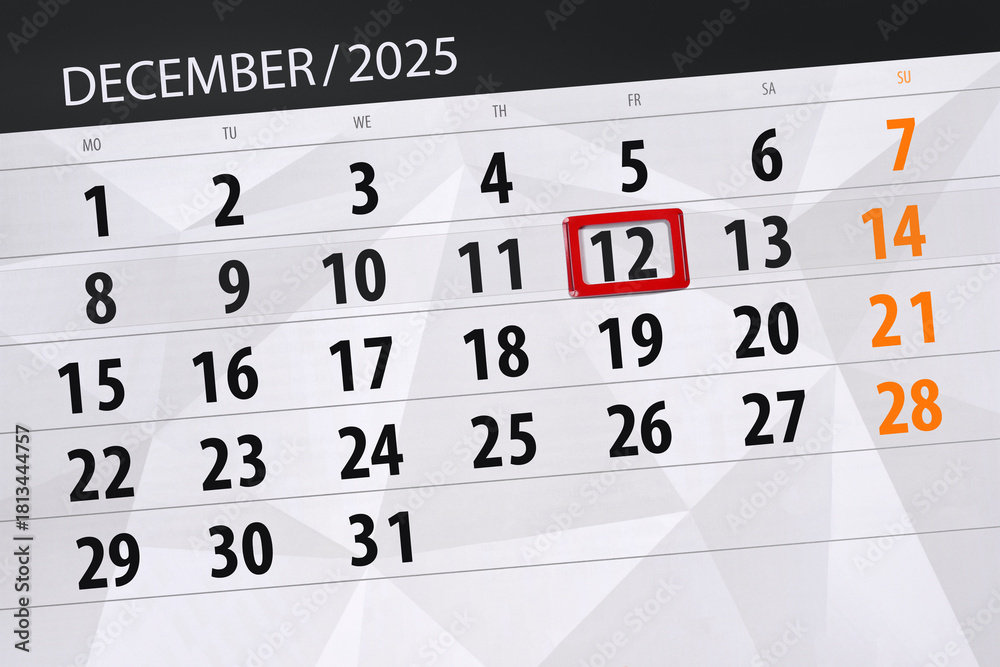 Obraz premium Calendar 2025, deadline, day, month, page, organizer, date, December, friday, number 12