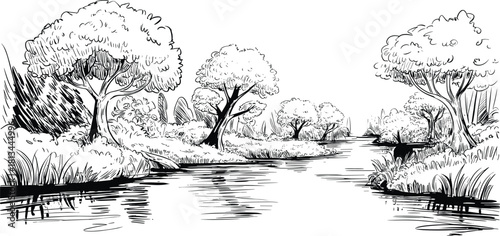 Black and white pencil sketch of a serene riverside landscape with trees, bushes, grass, and calm water reflections