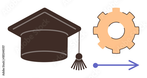 Graduation cap, gear, and arrow symbolizing academic achievement, skill development, and forward career movement. Ideal for education, success, innovation, industry progress advancement flat