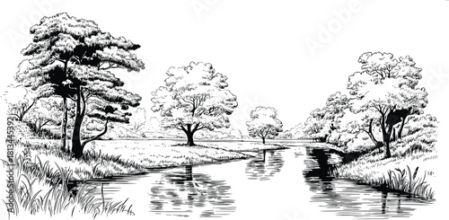 Black and white pencil sketch of a serene riverside landscape with trees, bushes, grass, and calm water reflections